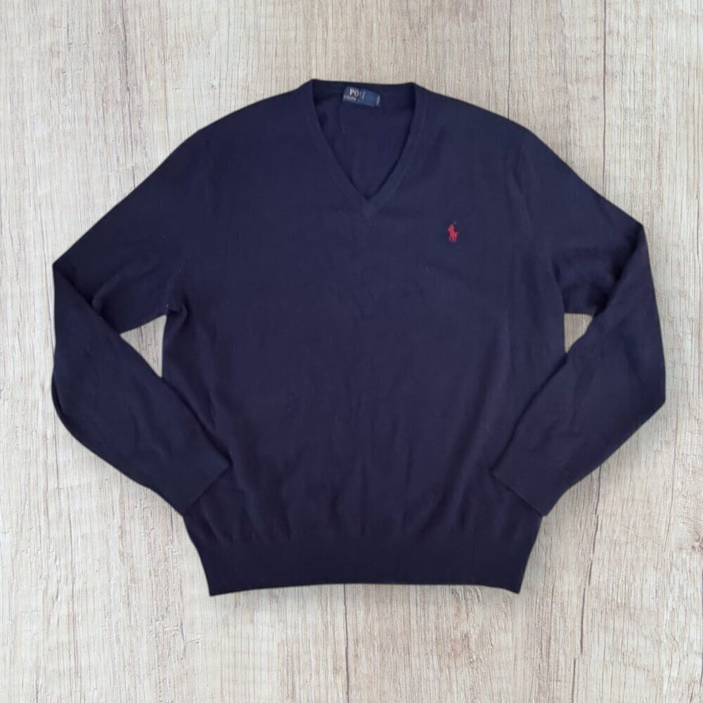 Polo Ralph Lauren Navy Blue V-Neck Long Sleeve 100% Merino Wool Sweater Mens XL